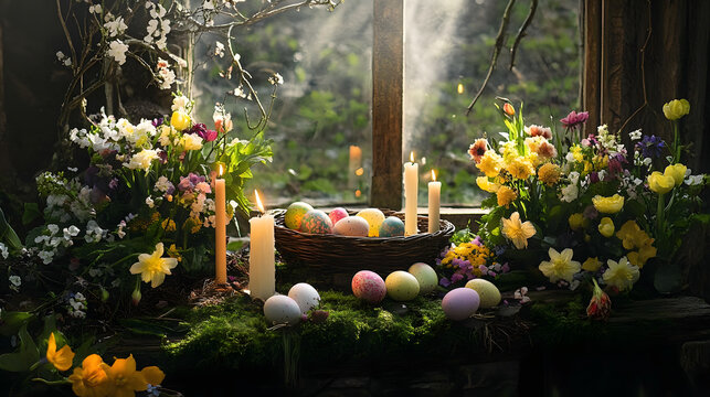 Ostara altar with flowers, candles, and decorated eggs in natural setting