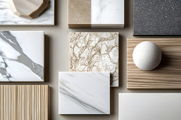 interior design material sample moodboard with luxury surfaces like marble and wood