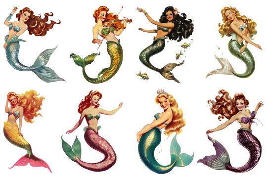 PNG Colorful vintage mermaid illustrations, element set on transparent background