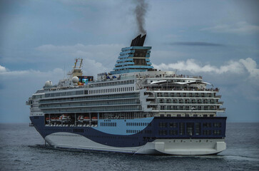 Modern ruiseship cruise ship liner Explorer 2 anchored offshore of Zakynthos island in Greece...