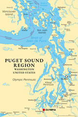 Fototapeta premium Puget Sound region, U.S. state of Washington, political map. Coastal area of ​​Pacific Northwest, including Puget Sound, its basins and lowlands, between Olympic Peninsula and Cascade Range.