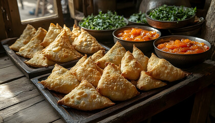 Golden-brown samosas arranged on a wooden table, surrounded by bowls of chutney and fresh herbs