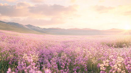 Naklejka premium Serene sunset landscape with blooming purple flower meadow sky calm pink field hills light image