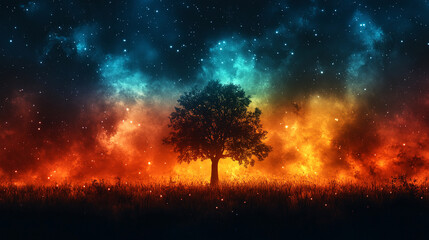 Fototapeta premium A tree silhouette stands in the center of a glowing field, with vibrant auroras filling the sky, symbolizing harmony between nature and the beauty of the cosmos
