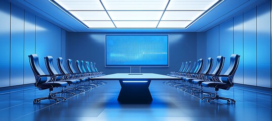 A futuristic conference room with a large digital display, sleek furniture, and advanced tech 