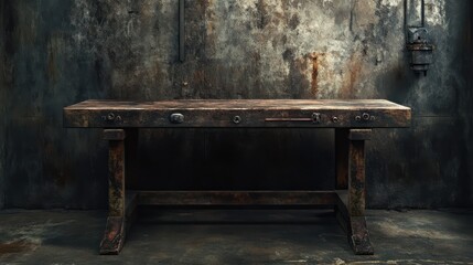 A weathered wooden work table against a distressed industrial wall