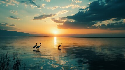 Fototapeta premium Peaceful sunset scene with silhouetted birds standing in calm water, reflecting vibrant colors and tranquil atmosphere.