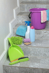 Household cleaning products and items for cleaning tile in house. Cleaning and cleanliness.