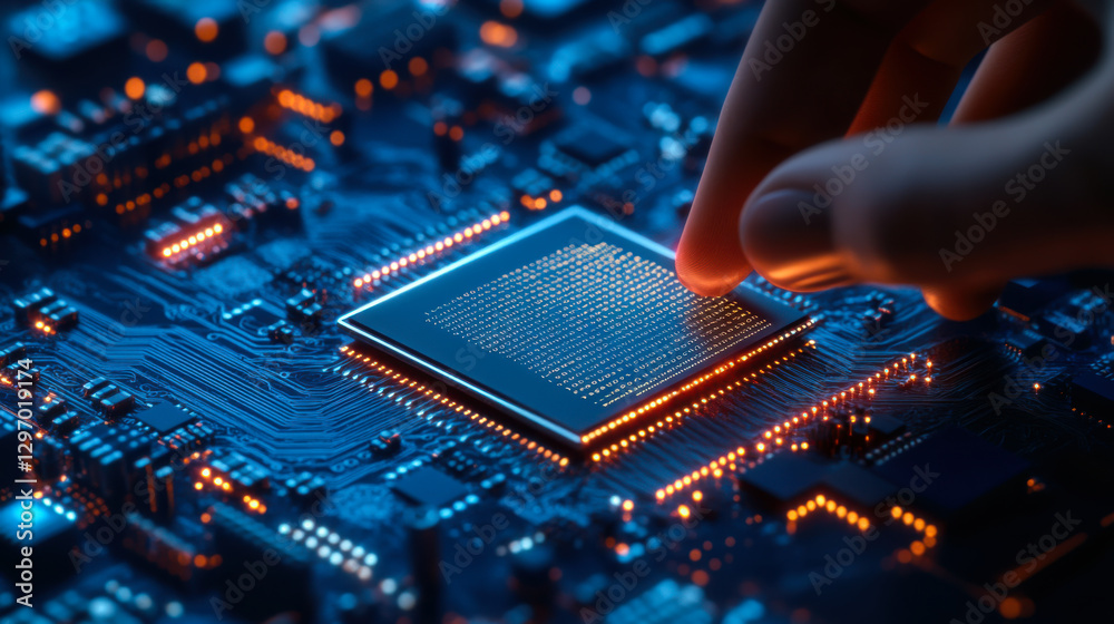 Poster exploring the intricate details of a microchip with electrical circuits glowing in the background du