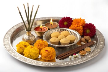 Photorealistic Diwali Puja Thali with Diyas and Sweets