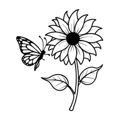 Black & White Sunflower Vector – Colorful Butterfly Contrast on White for Nature-Inspired Greeting Cards & Wall Art, B&W Sunflower Vector – Colorful Butterfly Contrast Art, Sunflower & Butterfly Art 