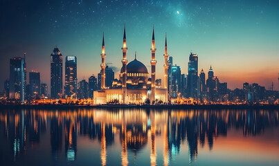 Obraz premium Majestic skyline at dusk featuring a grand mosque reflecting in calm waters with city lights