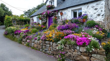 Obraz premium Colorful Flower Garden in front of a Traditional Stone Cottage