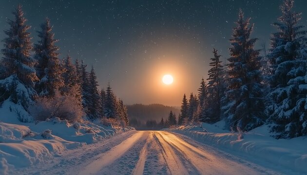 Snowy mountain road at night