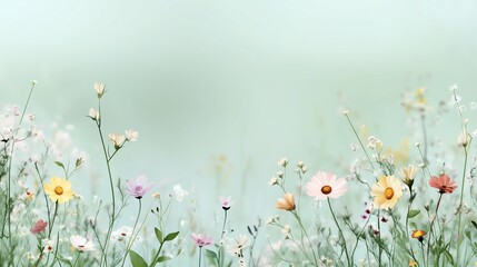 Fototapeta premium A field of flowers with a blue sky in the background. The flowers are of various colors and sizes, and they are scattered throughout the field