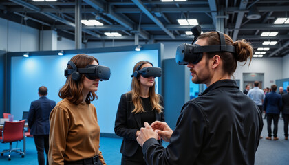Individuals engaging in virtual reality job simulations at fair, innovation