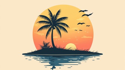 Tropical Sunset with Palm Tree and Birds Silhouette over Water
