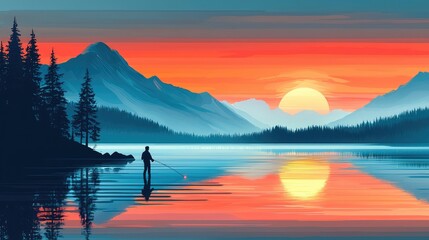 Fototapeta premium Serene Sunrise Reflection Over Calm Lake with Fisherman Silhouette