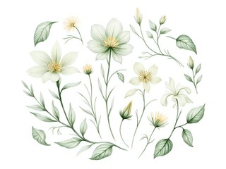 Delicate botanical illustrations with soft greenery