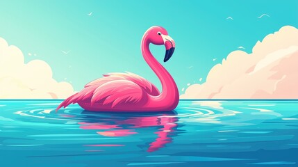 Naklejka premium Vibrant Pink Flamingo Floating on Tranquil Blue Water Surface