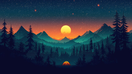 Obraz premium Serene Sunset Over Mountains and Forest with Tent Camping Scene