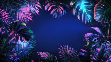 Vibrant Tropical Leaves with Colorful Neon Highlights on Dark Background