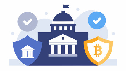 Shield and Coins A silhouette of a government building stands behind a shield with various cryptocurrency coins like Bitcoin and Ethereum surrounding it symbolizing protection