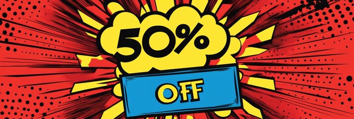 Bold 50 percent off sale announcement in retro comic book style background for trendy fashion promotions. Generative AI