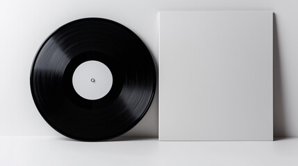 Obraz premium A black vinyl record next to a blank white cover on a minimalistic white surface, representing music and nostalgia.