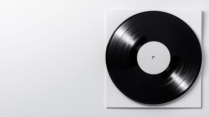Fototapeta premium A black vinyl record next to a blank white cover on a minimalistic white surface, representing music and nostalgia.
