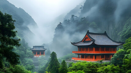 Obraz premium Serene misty landscape featuring traditional Asian architecture nestled in lush green mountains