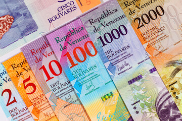 Venezuelan money. Set of paper banknotes of the national currency of Venezuela.
