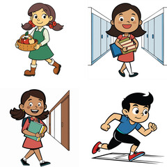A set of school boys and girls activities by playing basket ball and carrying fruits art illustration