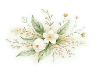Delicate white blooms and lush greenery in soft pastel hues