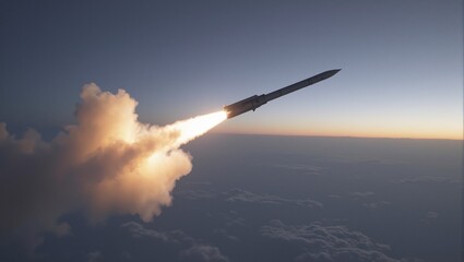 Powerful missile soaring through the sky leaving a trail of smoke as it races towards a distant target Dynamic and intense military concept