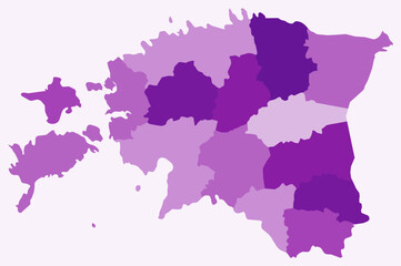 Map of Estonia with regions. Just a simple country border map with region division. Purple color palette. Flat Republic of Estonia shape with administrative division. Vector illustration.
