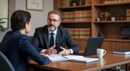 Elderly lawyer consulting client in office, business negotiation and legal advice