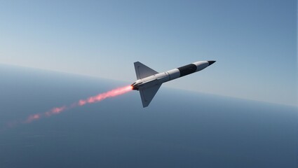 Fototapeta premium Vivid hypersonic missile piercing the sky at incredible speed with a fiery red glow contrasting against the serene ocean backdrop