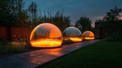 Three enchanting glass domes glow warmly amidst a peaceful garden setting during the evening, symbolizing tranquility, introspection, and the beauty found in illuminated serenity.