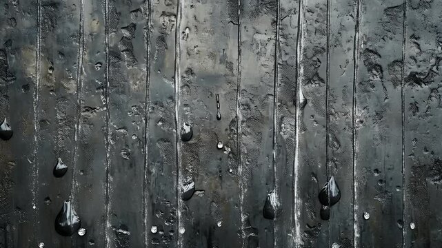 Abstract close-up of a textured dark wall with water droplets running down, creating a moody, grunge, and industrial feel. A perfect background for creative and artistic projects.