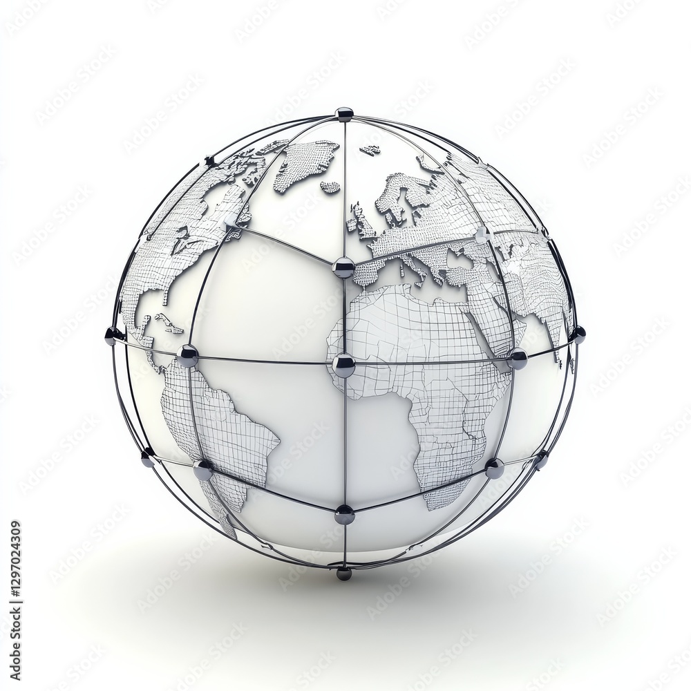 Poster Global Network: A Stylized Render of a World Globe Enclosed by a Metallic Framework, Highlighting Interconnectivity.