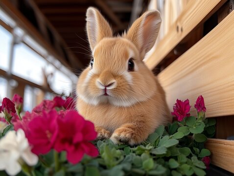 Cute Bunny Among Blooms: An endearing close-up portrait of a fluffy bunny rabbit nestled amidst vibrant pink flowers and greenery. captured its adorable demeanor.