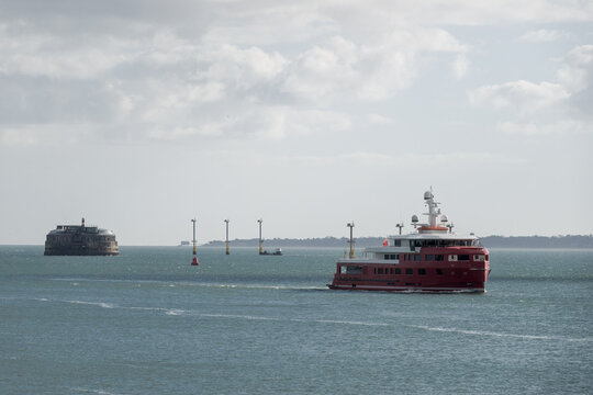 Akula Expedition yacht in The Solent with Spitbank Sea Fort in the background Hampshire England