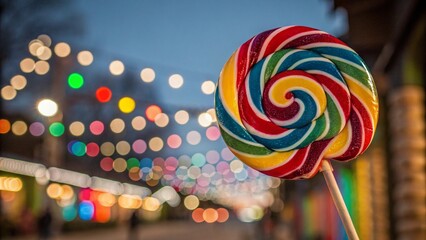 Close-up of a vibrant rainbow swirl lollipop with a beautifully blurred background of bokeh lights, perfect for candy and festive concepts.
