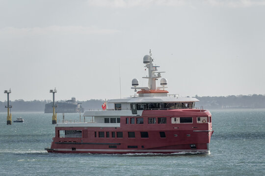 Akula Expedition yacht in The Solent with Spitbank Sea Fort in the background Hampshire England
