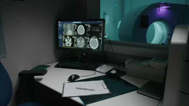 Zoom out no people shot of MRI examination room at neurosurgery clinic, with radiology specialists desk, computer, brain scan on screen, imaging machine behind glass window in dim blue light