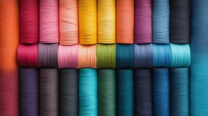 A vibrant display of colorful spools of thread arranged neatly, showcasing a spectrum of shades from pink to blue.