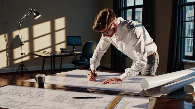 Dedicated architect stands over large blueprint in bright workspace, architect refining structural details with precision, architect championing modern design for compelling commercial success.
