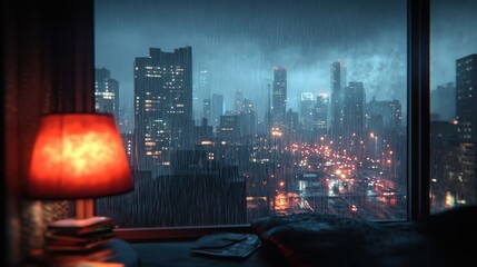Rainy night city view from bedroom window