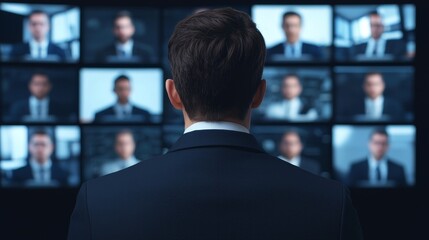 A man in a suit observes multiple screens displaying facial images, suggesting a theme of surveillance or monitoring in a corporate environment.